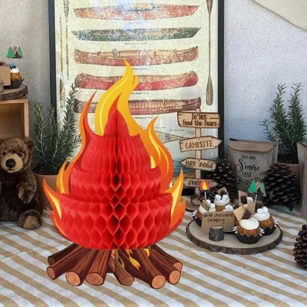 4Pcs Foldable Fake Fire Ornament 3D Honeycomb Honeycomb Campfire Decoration Camping Theme