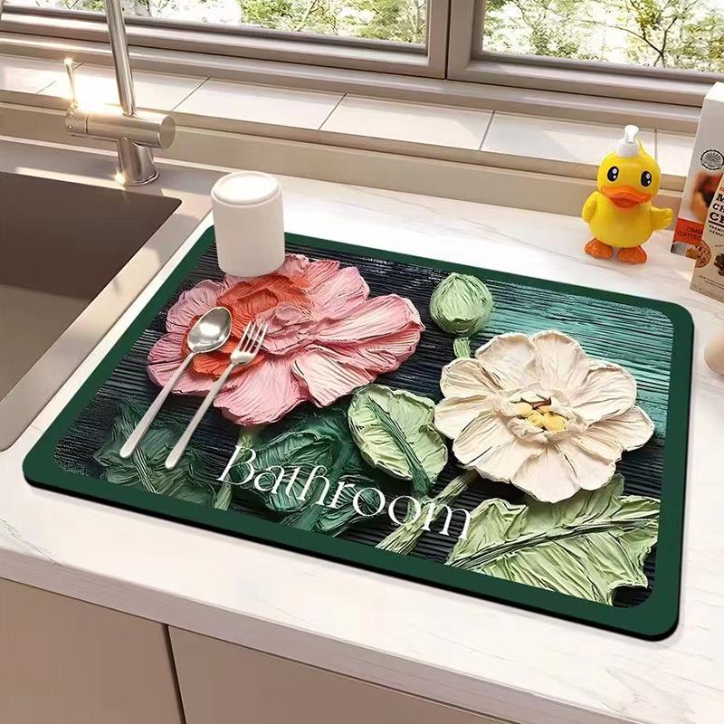 Oil Painting Style Floral Water-Absorbent, Stain-Resistant Kitchen Mat – Heat Insulation, Wear-Resistant, Easy-Clean Draining Mat
