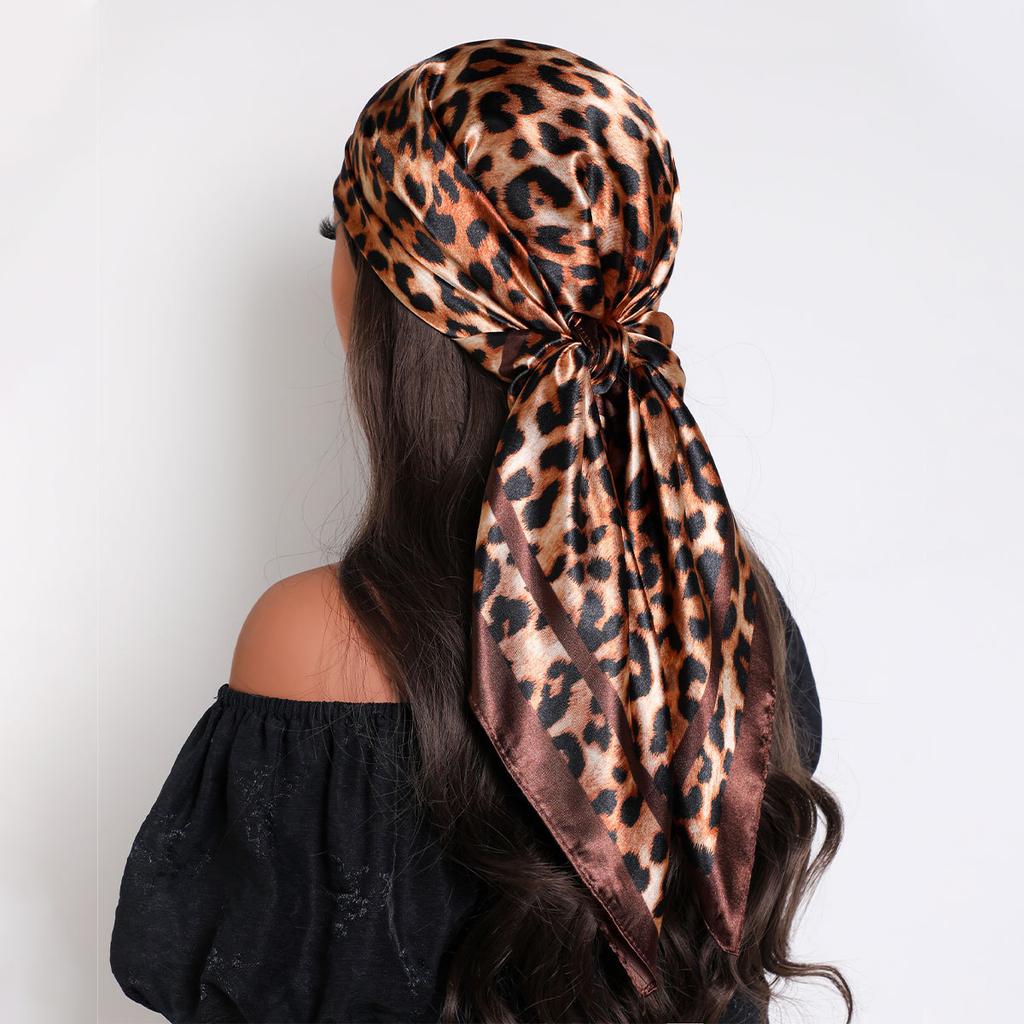 90cm Leopard Print Neckerchief Hijab Scarf For Women Silk Satin Headband Hair Scarves Female Square Shawls Ladies Head Bandana