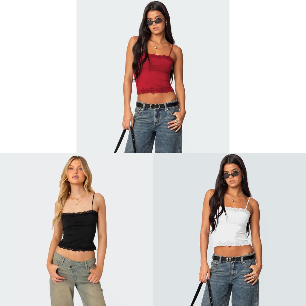 Y2k Sexy Girl Crop Top With Lace Trim Splicing For Streetwear Fashion