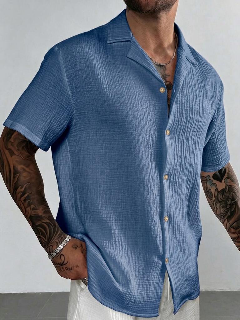 Men's White Crinkled Cotton Cuban Collar Short Sleeve Shirt with Gold Buttons - Lightweight Summer Vacation Top