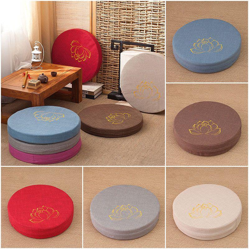 Plush Round Tatami Cushion Pad With Removable Washable Cover And Lotus Print