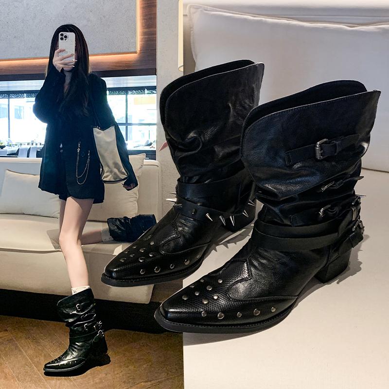 2025 Rivets Ankle Boots Belt Buckle Slip-On Leather Patchwork Fashion Elegant Comfortable Novelty Women Shoes Solid Color Boots