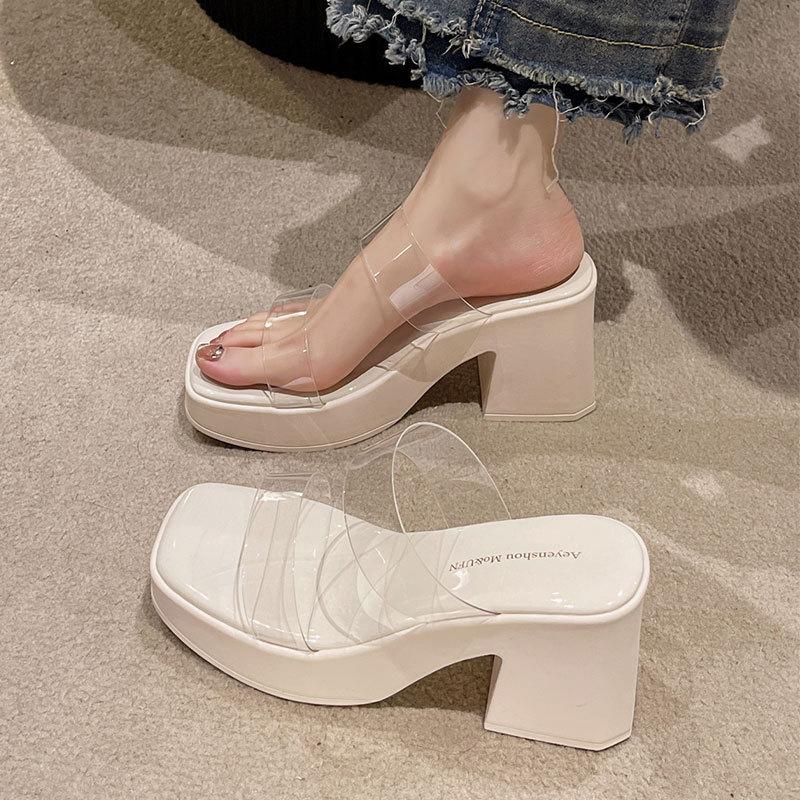 Transparent one-word sandals waterproof table thick-soled thick-heeled cool slippers women's summer wear 2025 new high-heeled slippers