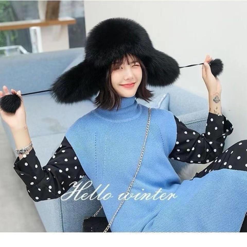 Women's Imitation Fox Fur Lei Feng Hat, Fluffy Ski Hat with Ear Protection for Autumn and Winter Warmth.