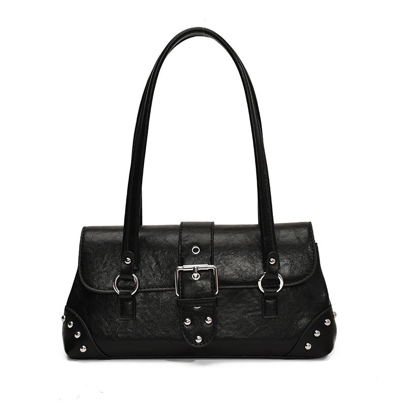 Shoulder Underarm Baguette Women's Bag Personalized Trend Women's Solid Color Fashionable Retro Locomotive Rivet Pin Buckle Decoration