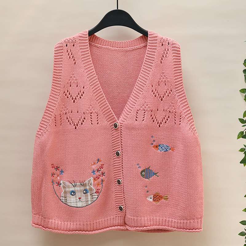 Women's Knitted Vest with Kitten and Fish Embroidery Loose Cardigan Top