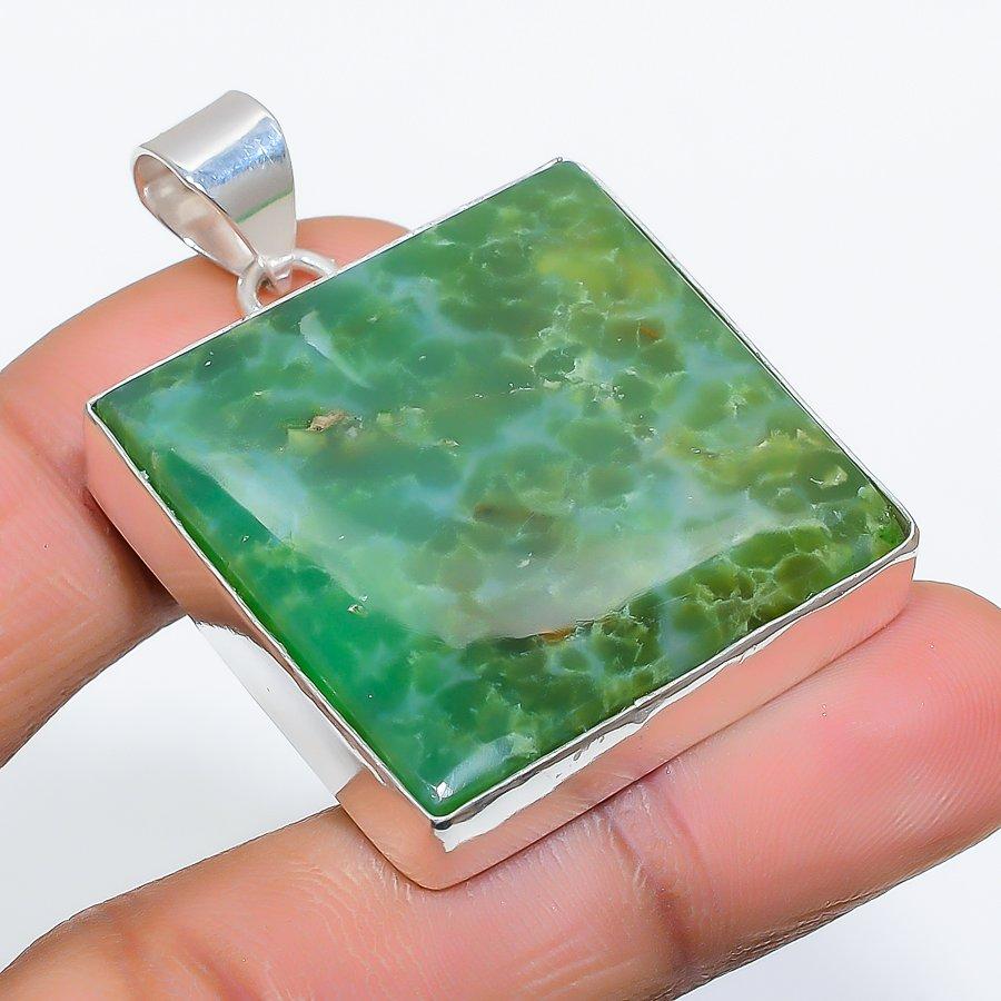 Chrysoprase Gemstone Handmade 925 Sterling Silver Jewelry Pendant 1.77" SU-9876