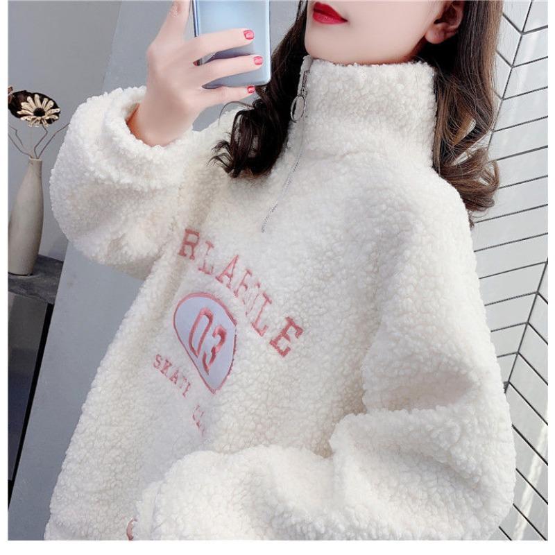 

Вышитый свитшот из искусственного овечьего бархата для женщин на осень и зиму, повседневный, с полувысоким воротником на молнии, универсальный, утолщенный, теплый топ S белый