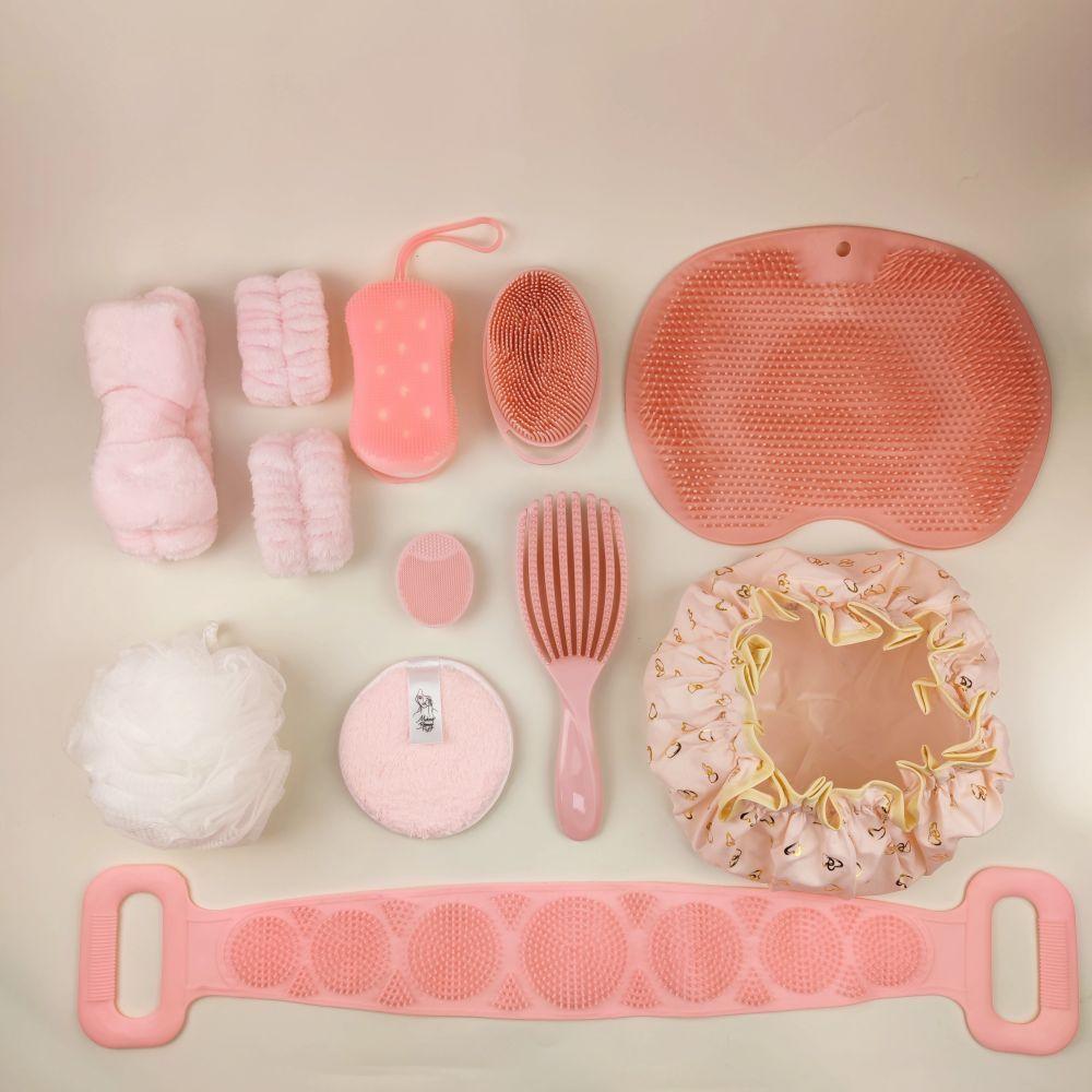 

Набор для душа из 12 предметов, силиконовое массажное полотенце для ванны, щетка для душа, браслет, мочалка для умывания лица, набор косметических и макияжных инструментов, дорожный набор розовый
