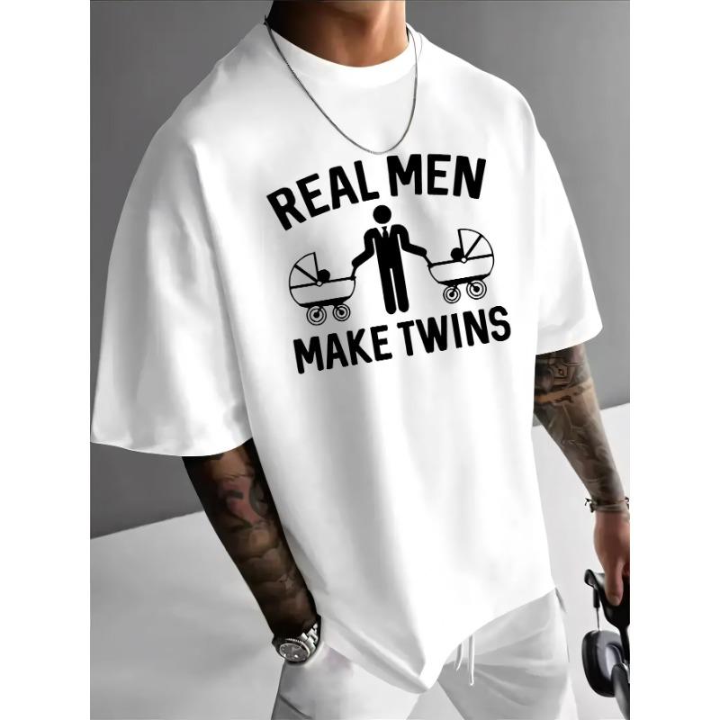 European Size Proud Dad Graphic Tee - "Real Men Make Twins" Print, Casual Summer T-Shirt for Him, Soft Stretch Fabric, Round Neck, Everyday Tshirt