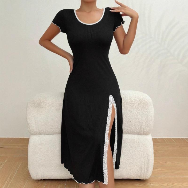 Women Simple Black Crew Neck Short Sleeve Fashion A Line Summer Dress S чёрный