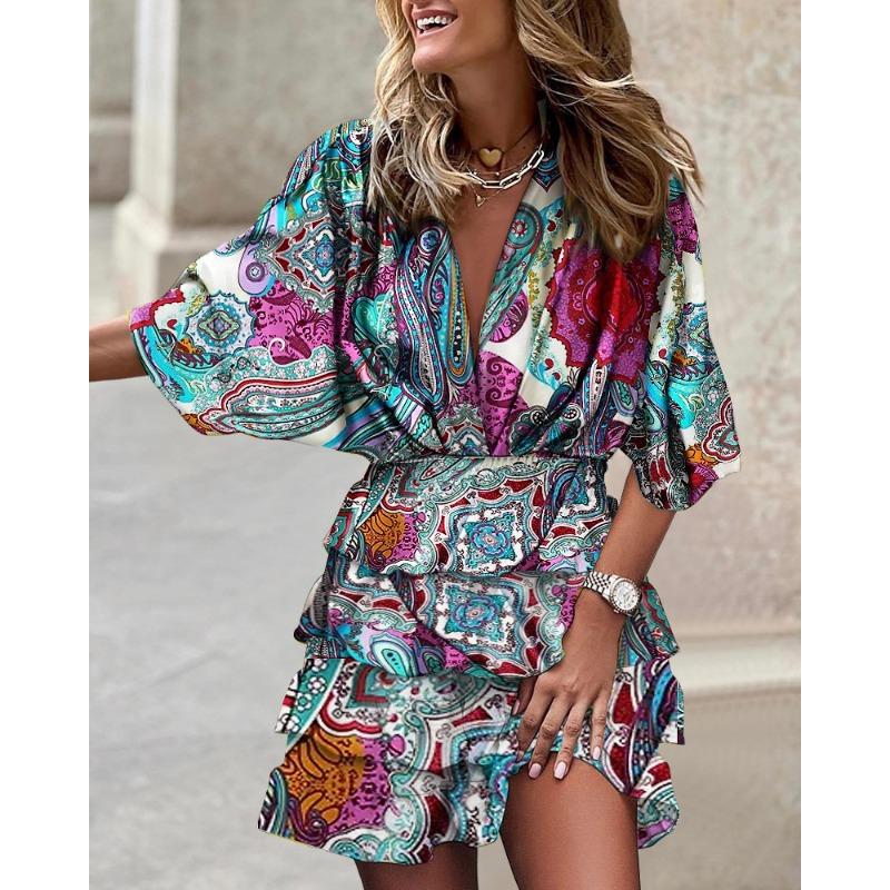 QICED Women's Fashion Summer Spring  V-Neck Casual Dresses