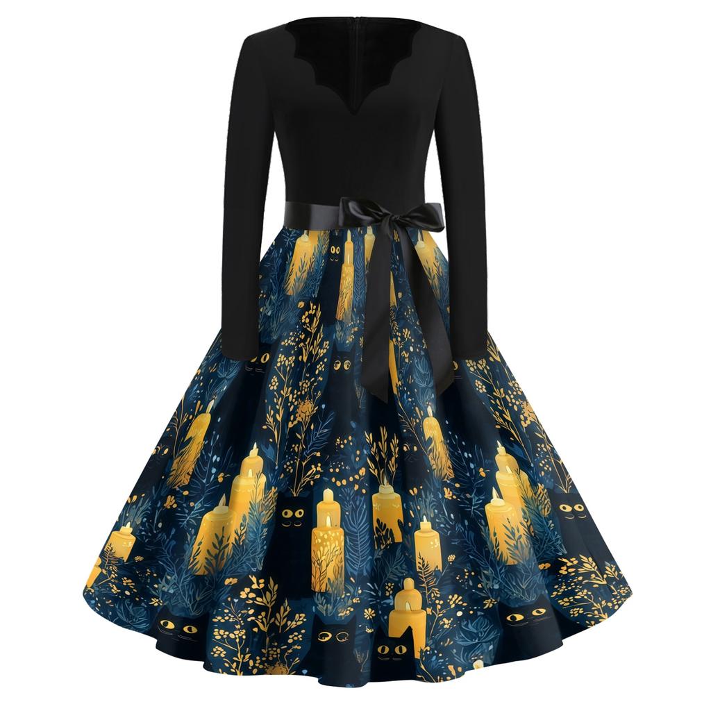 Women's Vintage V Neck Dress Halloween Print Long Sleeve Casual Retro Style Dress with Flared Skirt and Waist Tie for Seasonal Wear