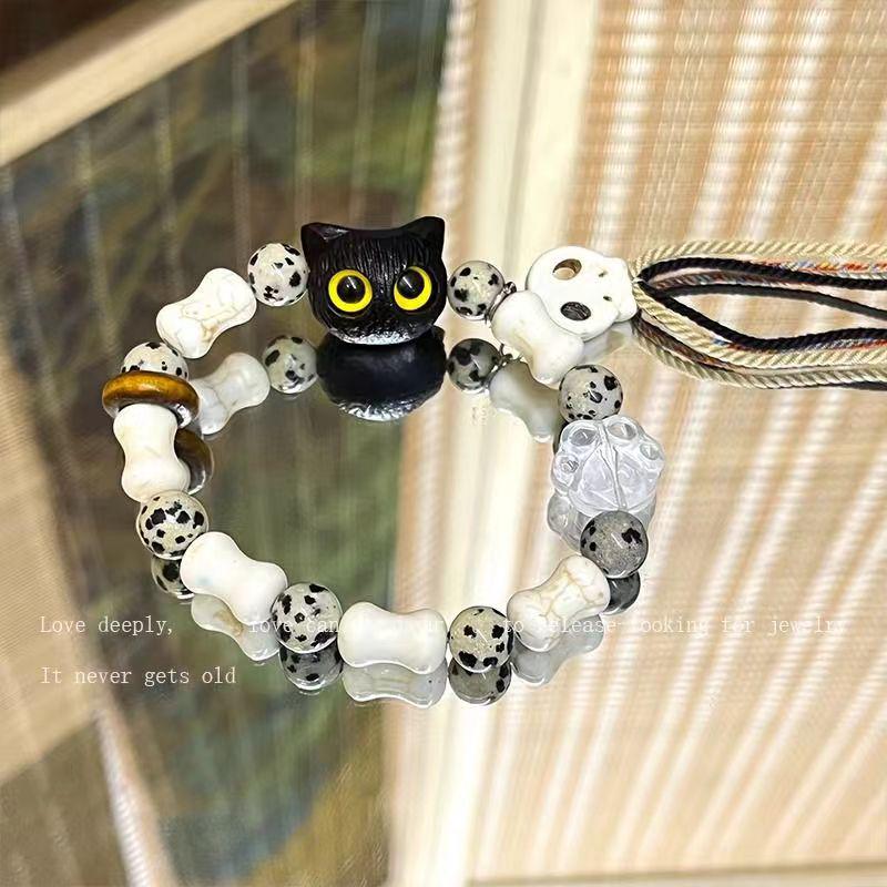 Skull Cat Ceramic Beaded Bracelet - Retro Woven Rope Design for Women