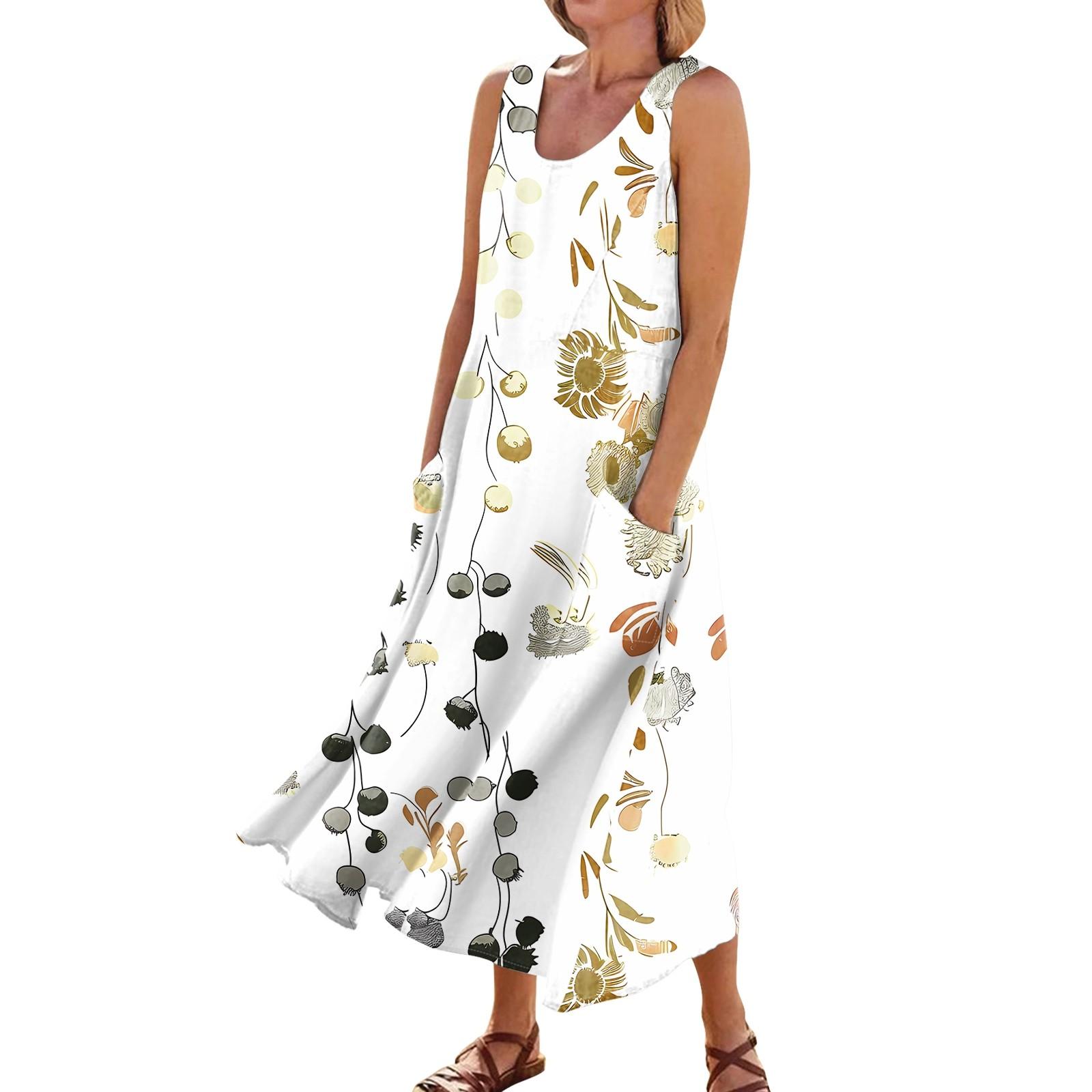 

Платье без рукавов для женщин. Женское летнее повседневное модное платье без рукавов с круглым вырезом и карманом с принтом. XL белый