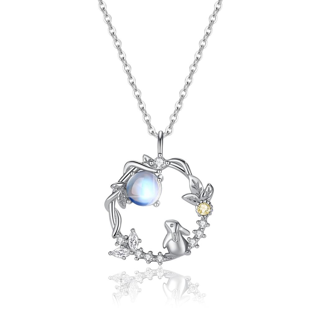 Necklace for platinum metal woman women, moon, rabbit, hoop, round, lucky, silver, 925, color, allergy, cute, accessory, birthday, present,
