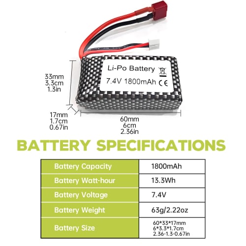 2PCS 7.4V 1800mAh T-Plug Lithium Battery for WLTOYS 144001, 12402, 12403, 12404, 12423, 12428, A959-B, A969-B, A979-B, and K929-B High-Speed ??Drift R