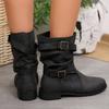 Retro Short Boots Women's Spring/Autumn Flat Bottom Pleated Boot Middle Barrel Stacked Boots Women Shoes Mid-Calf Ladies Shoes