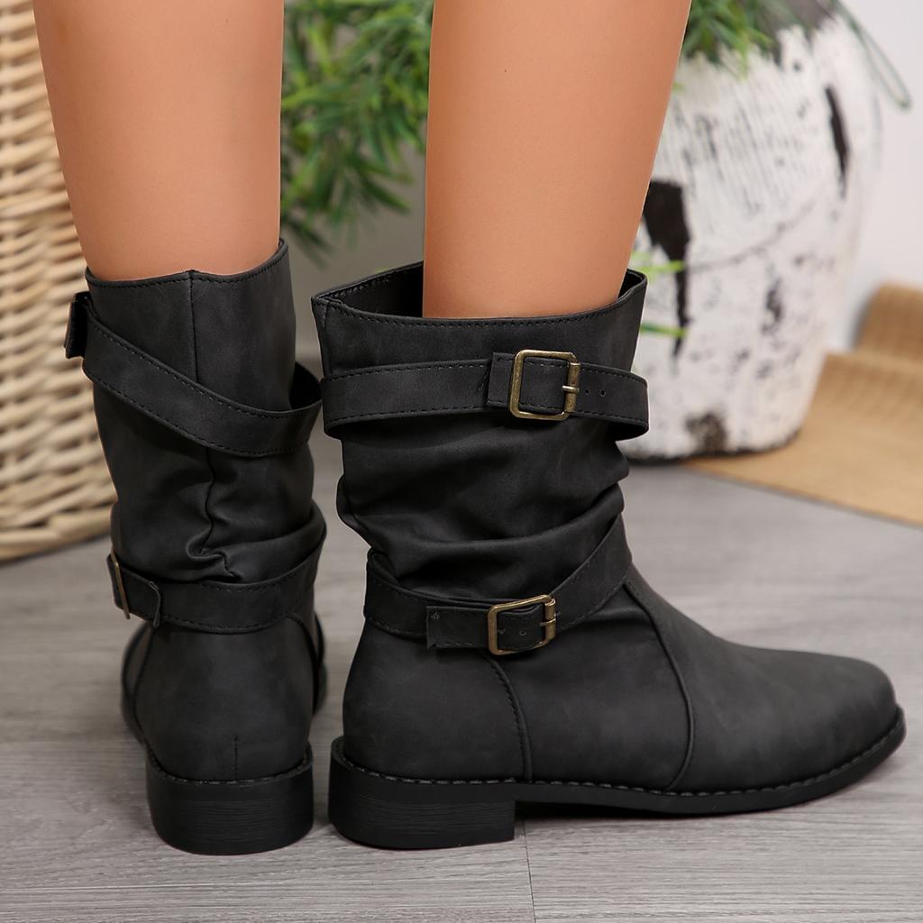 Retro Short Boots Women's Spring/Autumn Flat Bottom Pleated Boot Middle Barrel Stacked Boots Women Shoes Mid-Calf Ladies Shoes