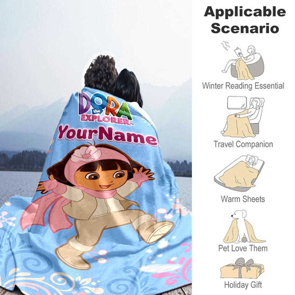 Dora Explorer Customize Your Name Blanket Multi-purpose Customizable Blanket Durable Comfort Throw For Sofa Nap Seaside Bed Four Seasons Universal