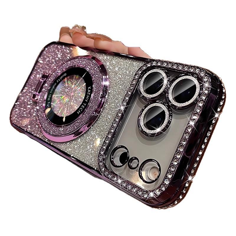 Applicable iPhone18PROMAX Mobile Phone Case Electroplated Rhinestone Magnetic Suction Bracket Apple 17 Gradual Change Glitter Protective Case