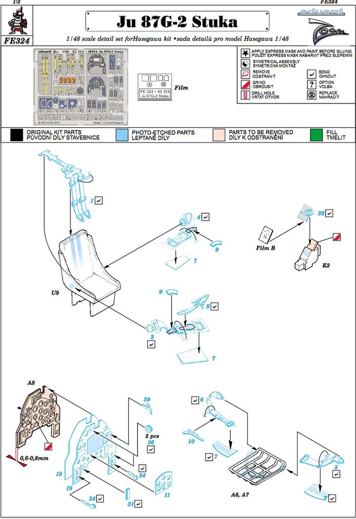Eduard Zoom Series Junkers Stuka Etching Parts Plastic Model Parts EDUFE324 1/48 Ju87G-2 (for Hasegawa)