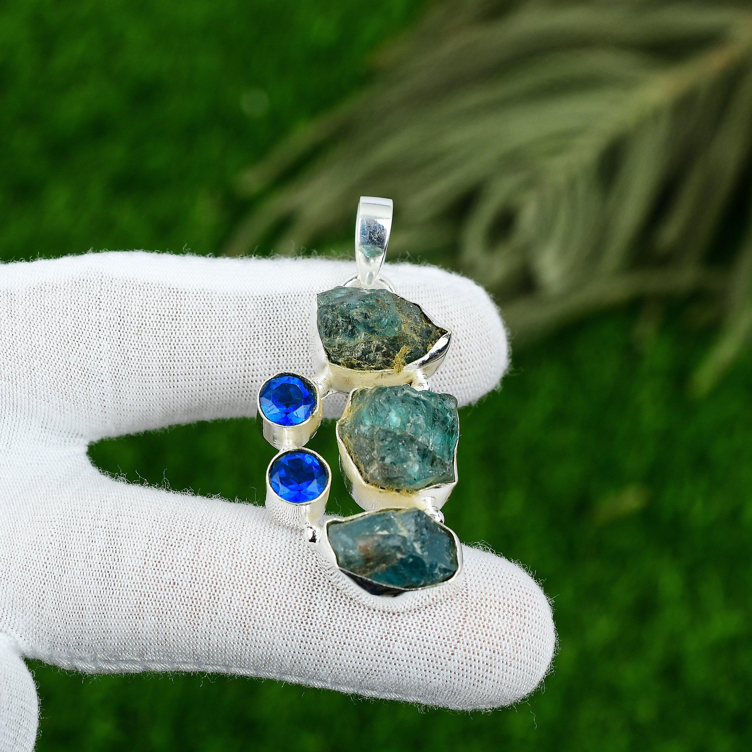 Wedding Gift For Her 925 Sterling Silver Natural Apatite Rough Gemstone Pendant