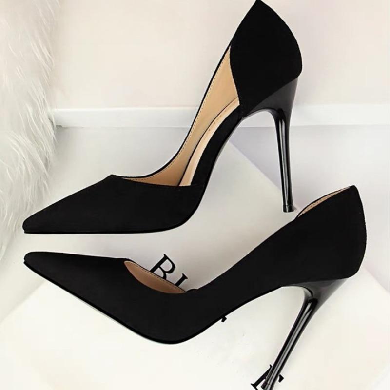 

Мода Осень Новые Туфли-лодочки на тонком каблуке Женская мода Острый носок Неглубокий вырез Замша Слипоны Износостойкие Высокие каблуки 38
