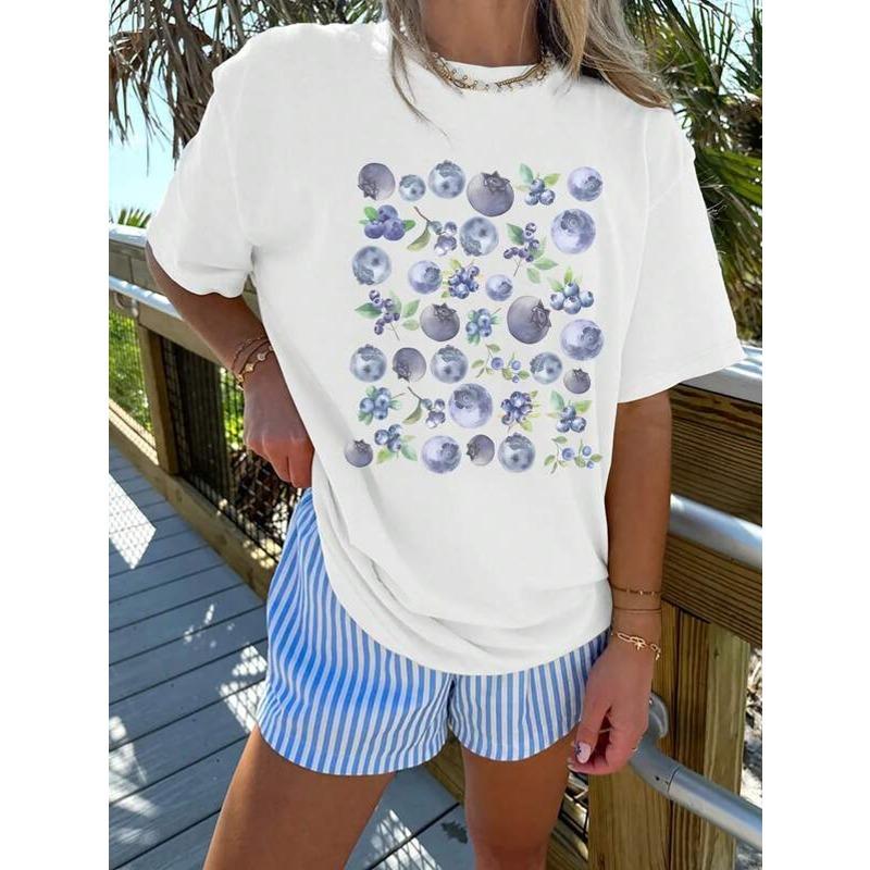 Blueberry Print T-shirt, Short Sleeve Crewneck Casual Top, Summer and Spring, Women s T-shirt. S белый
