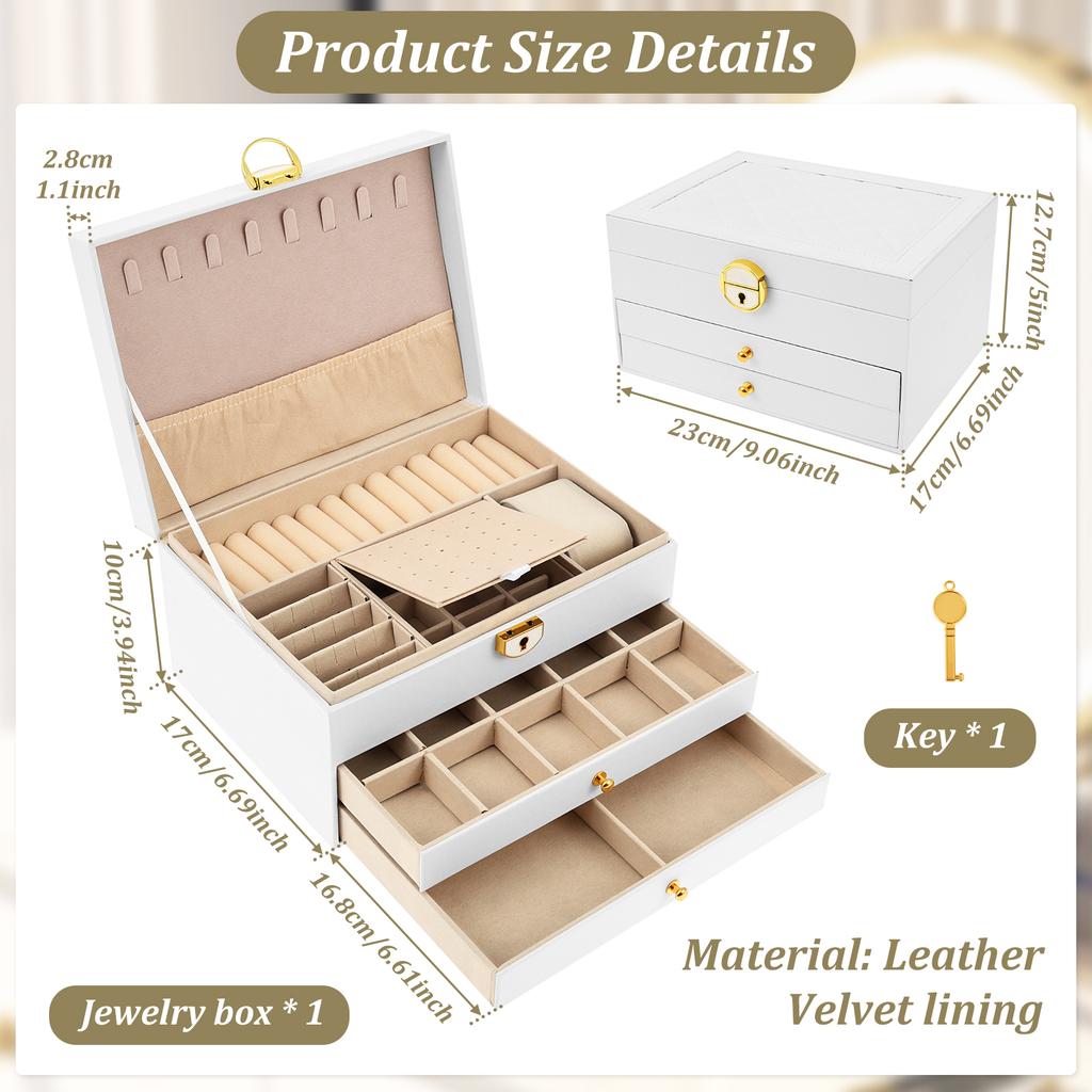 3 Layer Jewelry Box PU Leather Jewelry Organizer Storage Box with Key Tabletop Display Case for Women Earring Necklace Bracelet