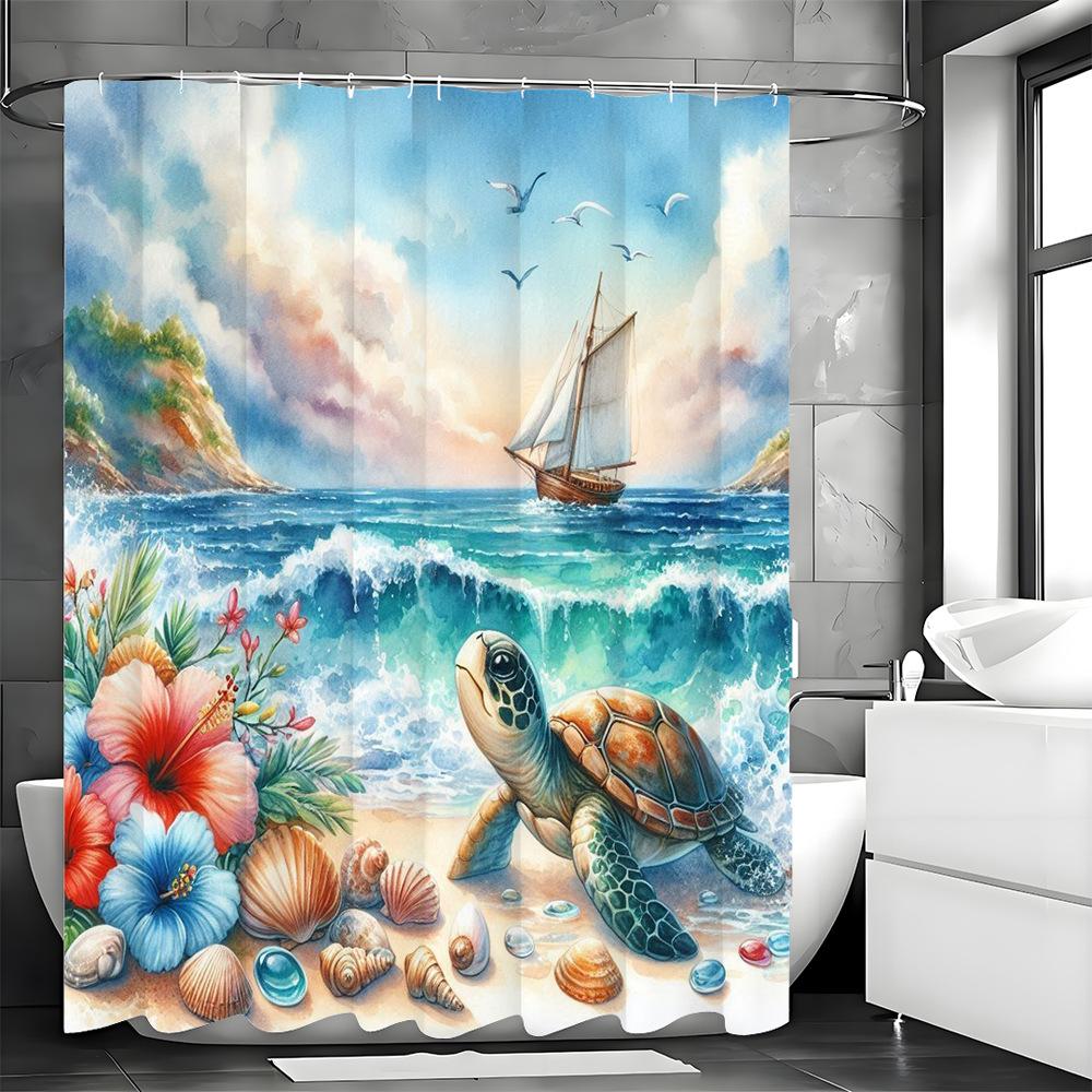 Beach With Blue Sea Scenery Shower Curtain Washable Dirt-Resistant Shower Head Waterproof Polyester Bath Curtain For Home Decor