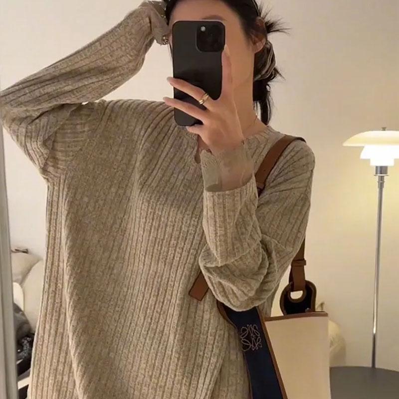

Женские пуловеры с длинными рукавами, осенне-зимняя хлопковая блузка оверсайз, удобная, эластичная, однотонная, с круглым вырезом, кружевные, свободные топы XXL хаки