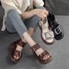 Johnature Genuine Leather Peep Toe High Heel Sandals Women Retro Comfortable Breathable Thick Sole Shoes