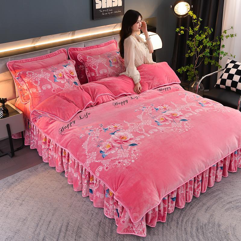 Thick Milk Velvet Bed Skirt 4 Piece Set Plush Fleece Winter Crystal Velvet Bed Sheet Duvet Cover With Skirt Winter Bedding Set For Cozy Home