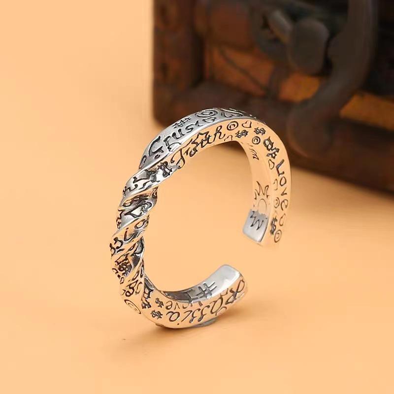 Adjustable S925 Sterling Silver Retro Smiley Face Couple Rings Adjustable Open Size