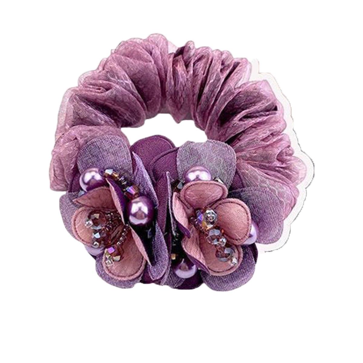 

Elegant Floral Organza Hair Scrunchie for Women, Beaded Decor Hair Tie, Vintage Brown Hair Accessory for Bun, Perfect for Daily Use темно-фіолетовий колір