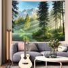 Misty Forest Tapestry, Serene Pine Trees With Sunbeams And Snowy Mountain Wall Art For Nature Lovers And Calm Room Decor