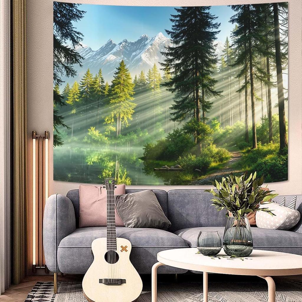Misty Forest Tapestry, Serene Pine Trees With Sunbeams And Snowy Mountain Wall Art For Nature Lovers And Calm Room Decor