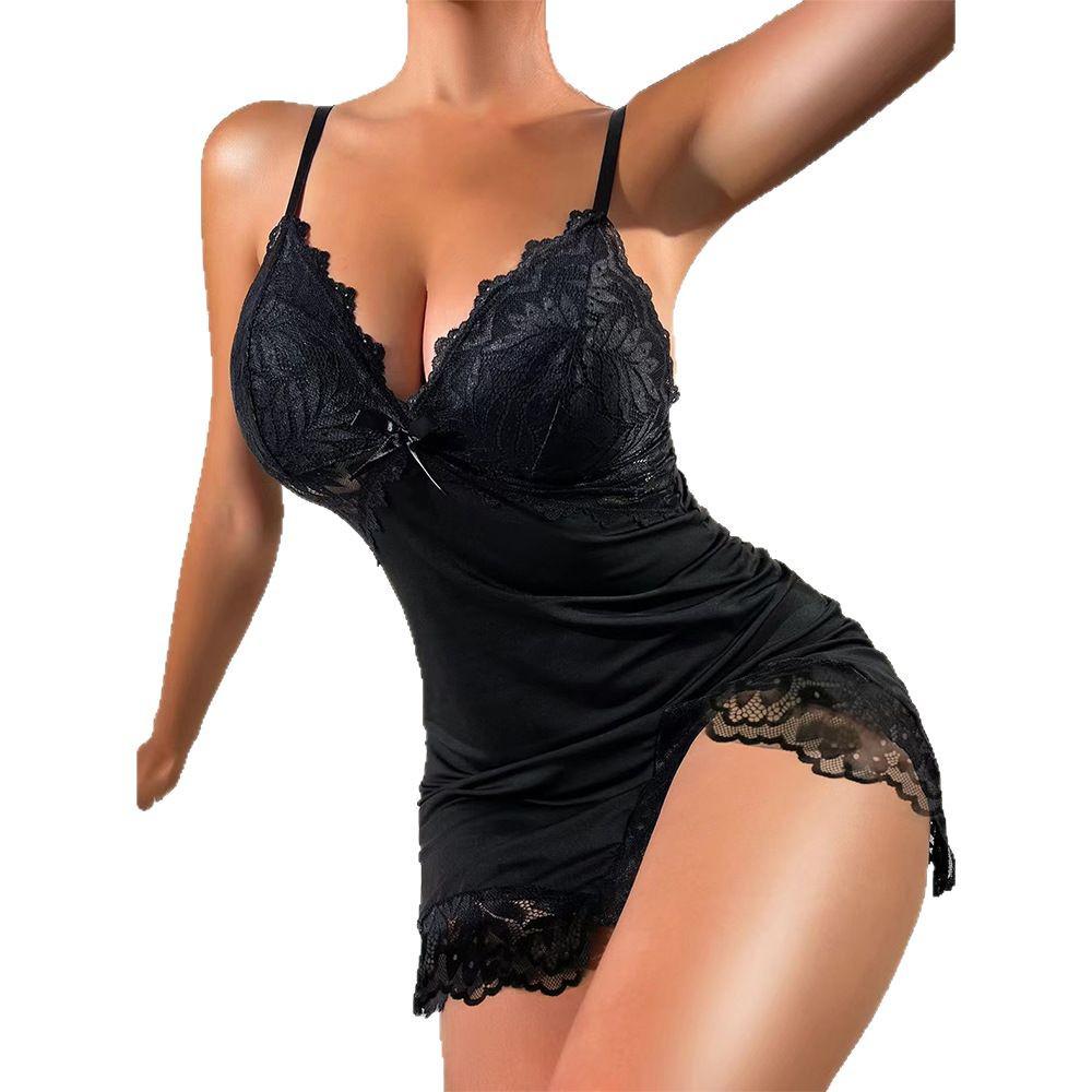 Sexy Lingerie Lace Spliced Pajama Dress & Thong Set