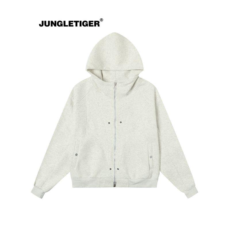 Jungle Tiger American-Style Deconstructed Gray Hooded Sweatshirt for Men, Spring High Street Trendy Brand Design, Couple's Heavyweight Jacket