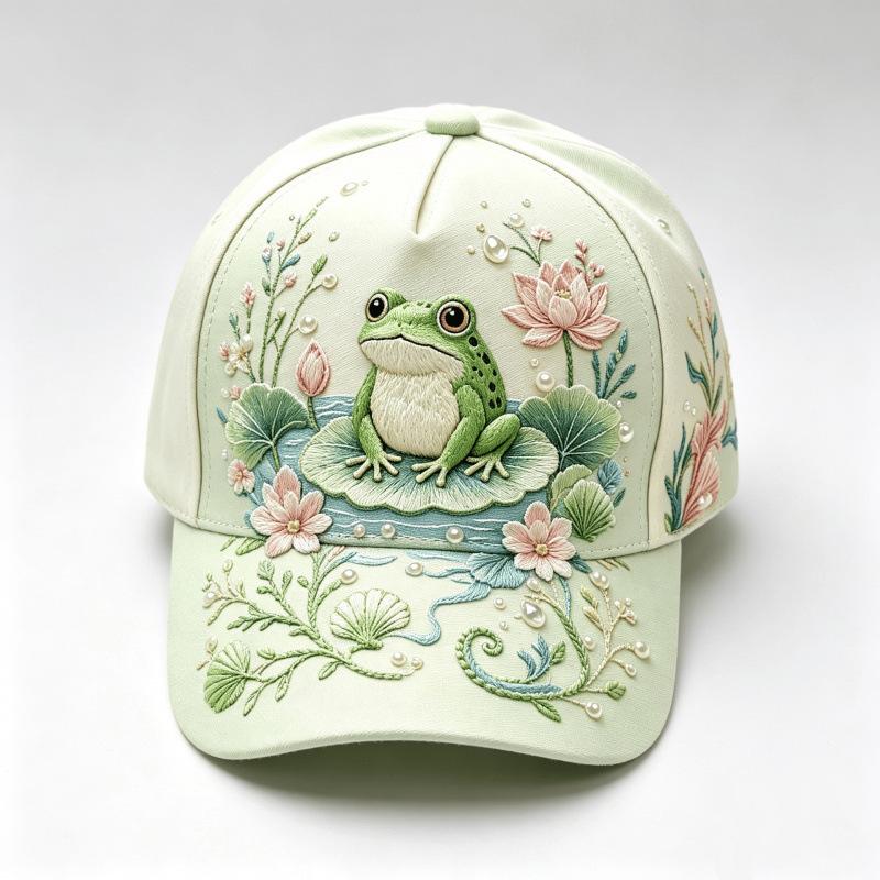 Fashion light green fresh lotus frog print baseball cap, national style three-dimensional hard top cap children's versatile sun hat