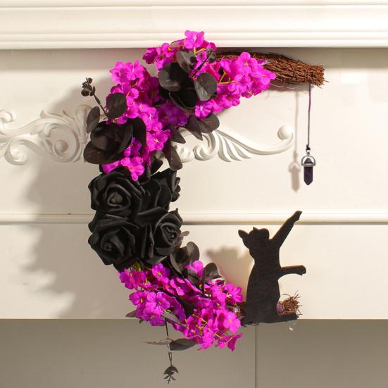 Halloween Moon Cat Wreath for Front Door Crescent Moon Wreath Sign with Artificial Rose Flowers for Gothic Home Decoration