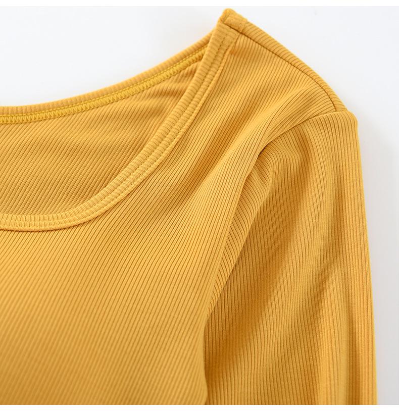 Women's Square Neck Long Sleeve Top with Built-in Bra Pads - Slim Fit for Early Autumn/Spring/Winter
