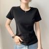 Women's White Cotton Short-Sleeve Ribbed T-shirt - Summer Round Neck, Breathable, Sweat-Absorbent, Slimming Fit