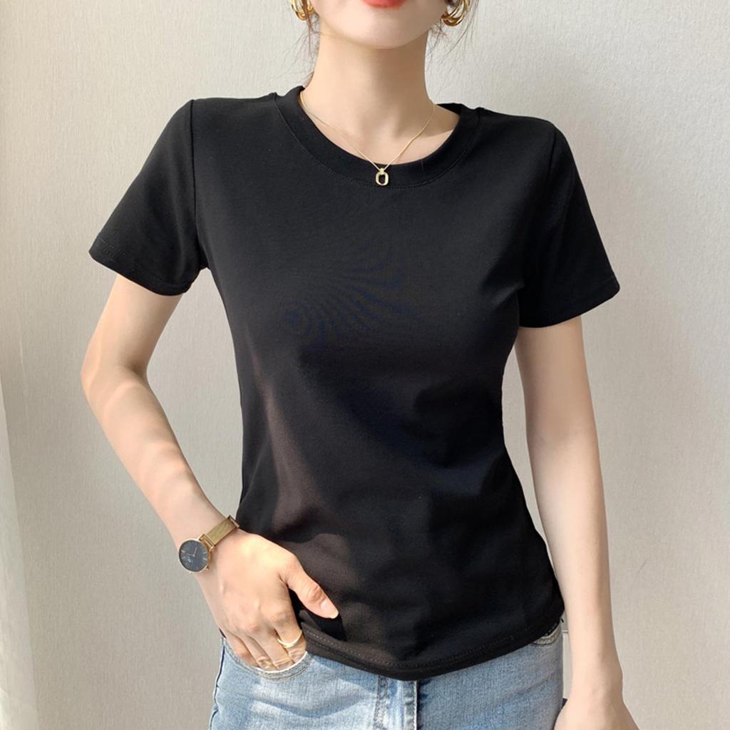 Women's White Cotton Short-Sleeve Ribbed T-shirt - Summer Round Neck, Breathable, Sweat-Absorbent, Slimming Fit