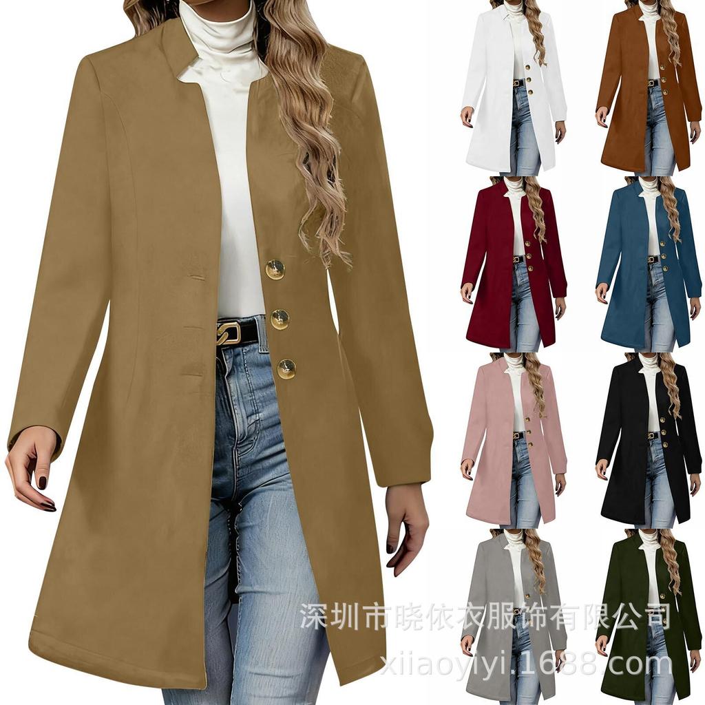 Cappotto Lungo in Lana da Donna con Collo Alto a Doppiopetto Autunno Inverno Colore Unico Ampio Lunghezza Media Blazer Capospalla
