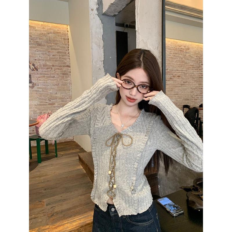 Spring Autumn Ruffles Bandage Slim T-shirt Women Long Sleeve Solid Color All-match Vintage Tee Top Pullovers