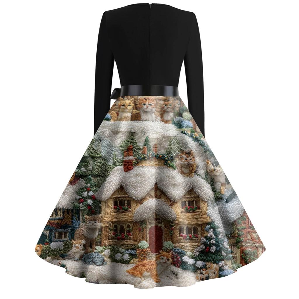 Damenmode Rundhals-Kleid mit schmaler Passform und Weihnachtsmuster, langen Ärmeln