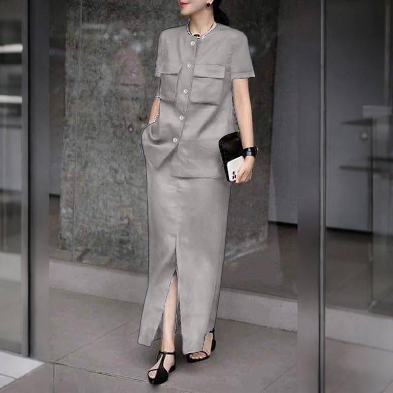 

ZANZEA Женские блузки с коротким рукавом и юбки Летние комплекты из двух частей 2XL серый